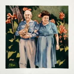 Glen, Bess and Dog, July '61 | 2022 | Gouache on Arches, 10x10" framed | $220