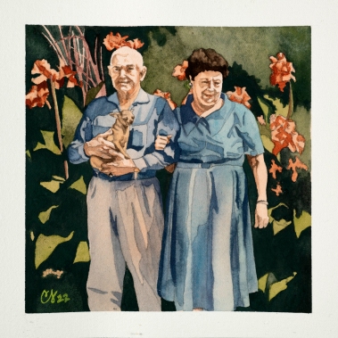 Glen, Bess and Dog, July '61 | 2022 | Gouache on Arches, 10x10" framed | $220